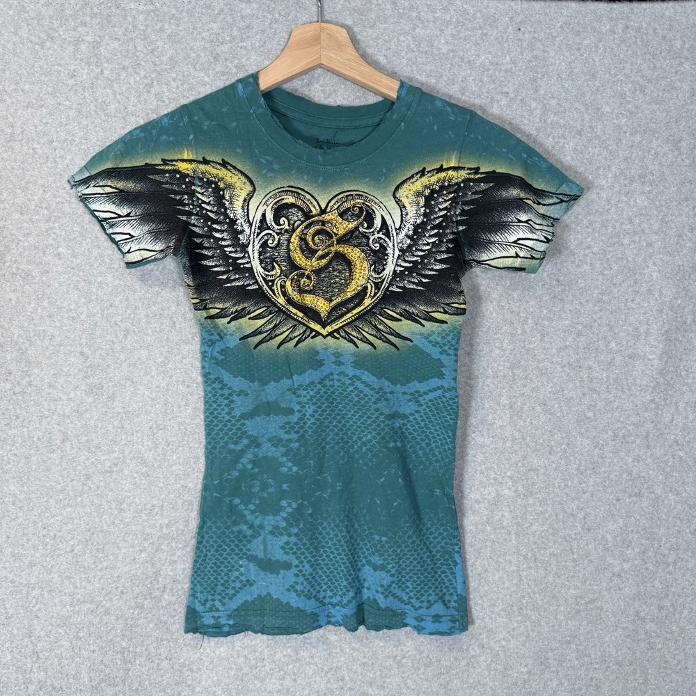 Sinful Affliction shirt womens Juniors XS blue Y2K cross wings snake baby tee